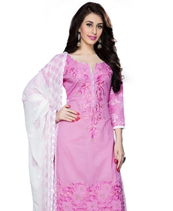Pink Cambric Cotton Embroidered Straight Suits