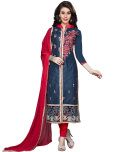 Navy Blue Cambric Cotton Embroidered Straight Suits