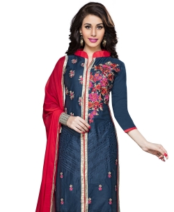 Navy Blue Cambric Cotton Embroidered Straight Suits