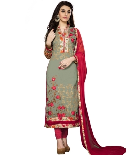 Grey Cambric Cotton Embroidered Straight Suits
