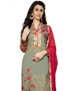 Grey Cambric Cotton Embroidered Straight Suits