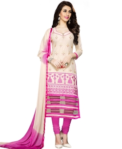 Cream Cambric Cotton Embroidered Straight Suits