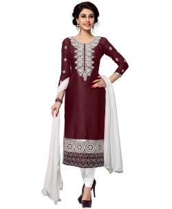 Wine Cambric Cotton Embroidered Straight Suits