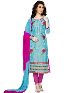 Sky Blue Cambric Cotton Embroidered Straight Suits