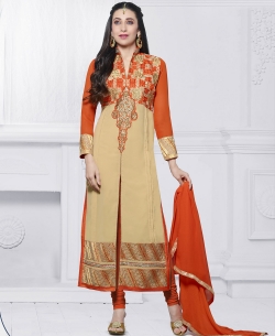 Burly Wood And Orange Georgette Embroidered Straight Suits
