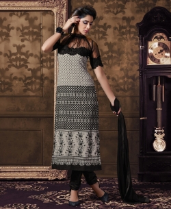 Light Grey And Black Georgette Lace Style Straight Suits