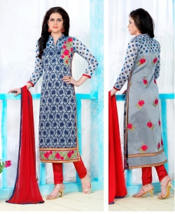 Blue And Grey Cotton Embroidered Straight Suits