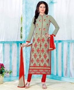 Grey Cotton Embroidered Straight Suits