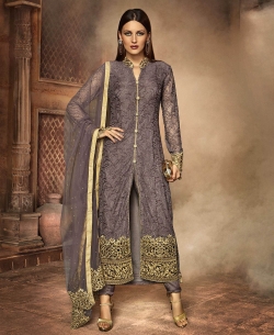 Grey Net Embroidered Straight Suits