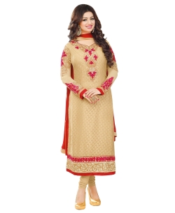Beige Georgette Blend Embroidered Straight Suits