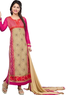 Hot Pink Georgette Blend Embroidered Straight Suits