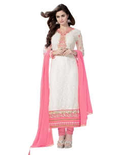White Georgette Blend Embroidered Straight Suits