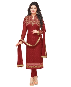 Brick Red Chanderi Cotton Embroidered Straight Suits