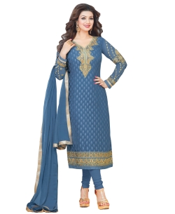 Steel Blue Chanderi Cotton Embroidered Straight Suits
