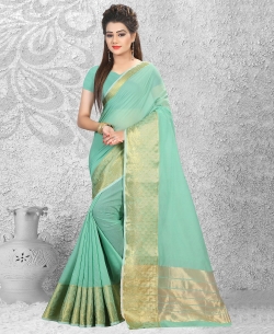 Green Cotton Blend Zari Style Traditional Sarees