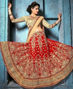 Red Net Embroidered A-line Lehengas