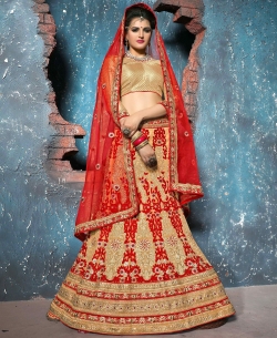 Beige And Red Net Embroidered A-line Lehengas