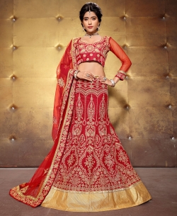 Red Silk Embroidered A-line Lehengas