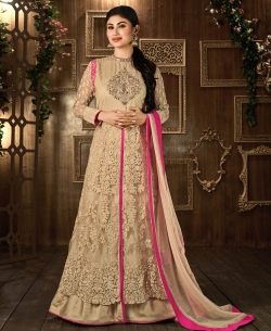 Cream And Pink Net Embroidered Anarkali Suits