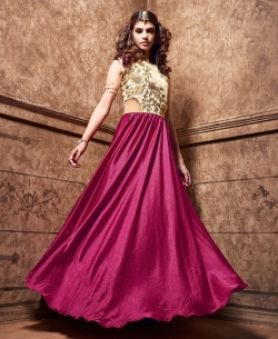 Beige And VioletRed Satin Embroidered Gowns