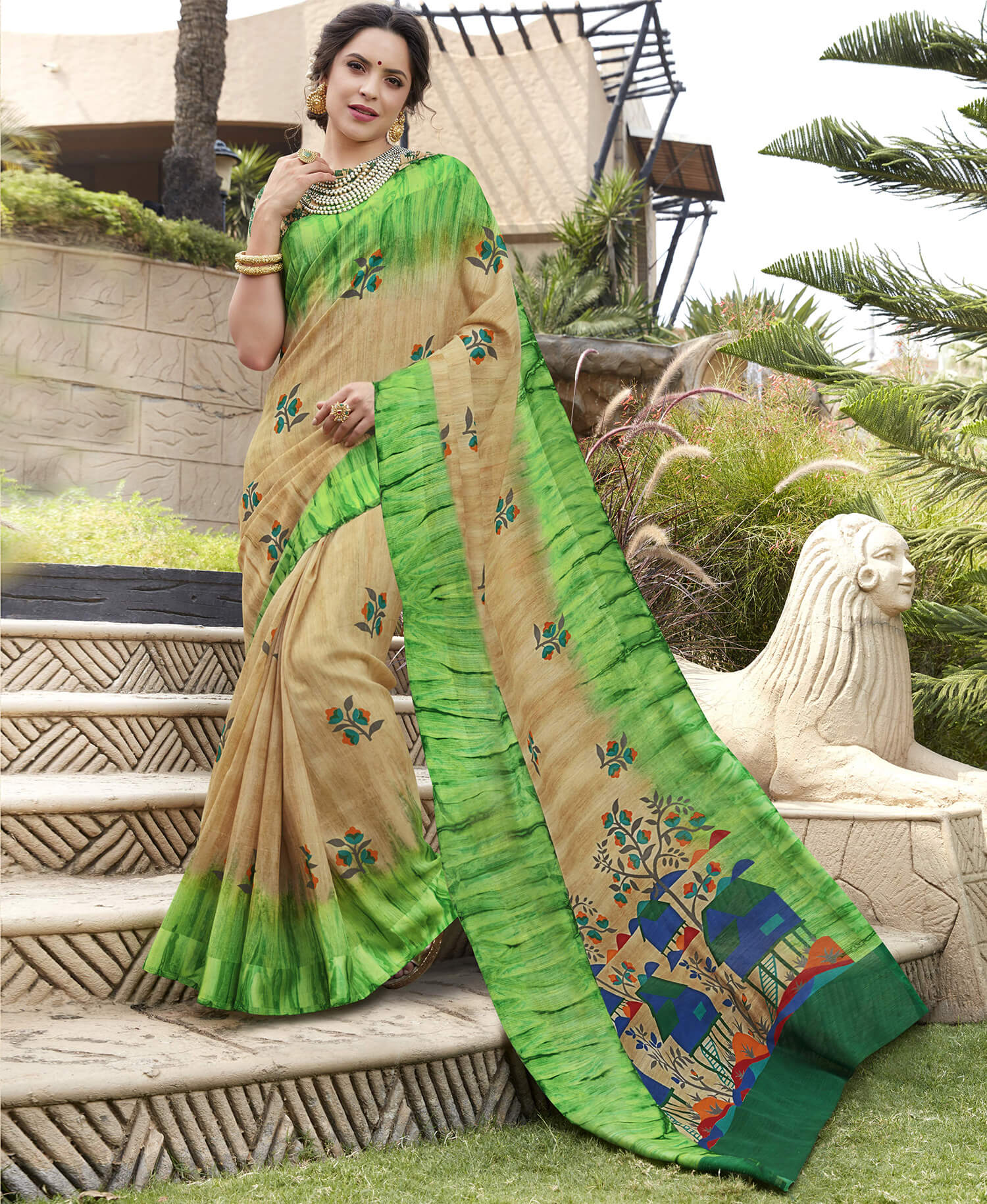 sandal with green silk saree